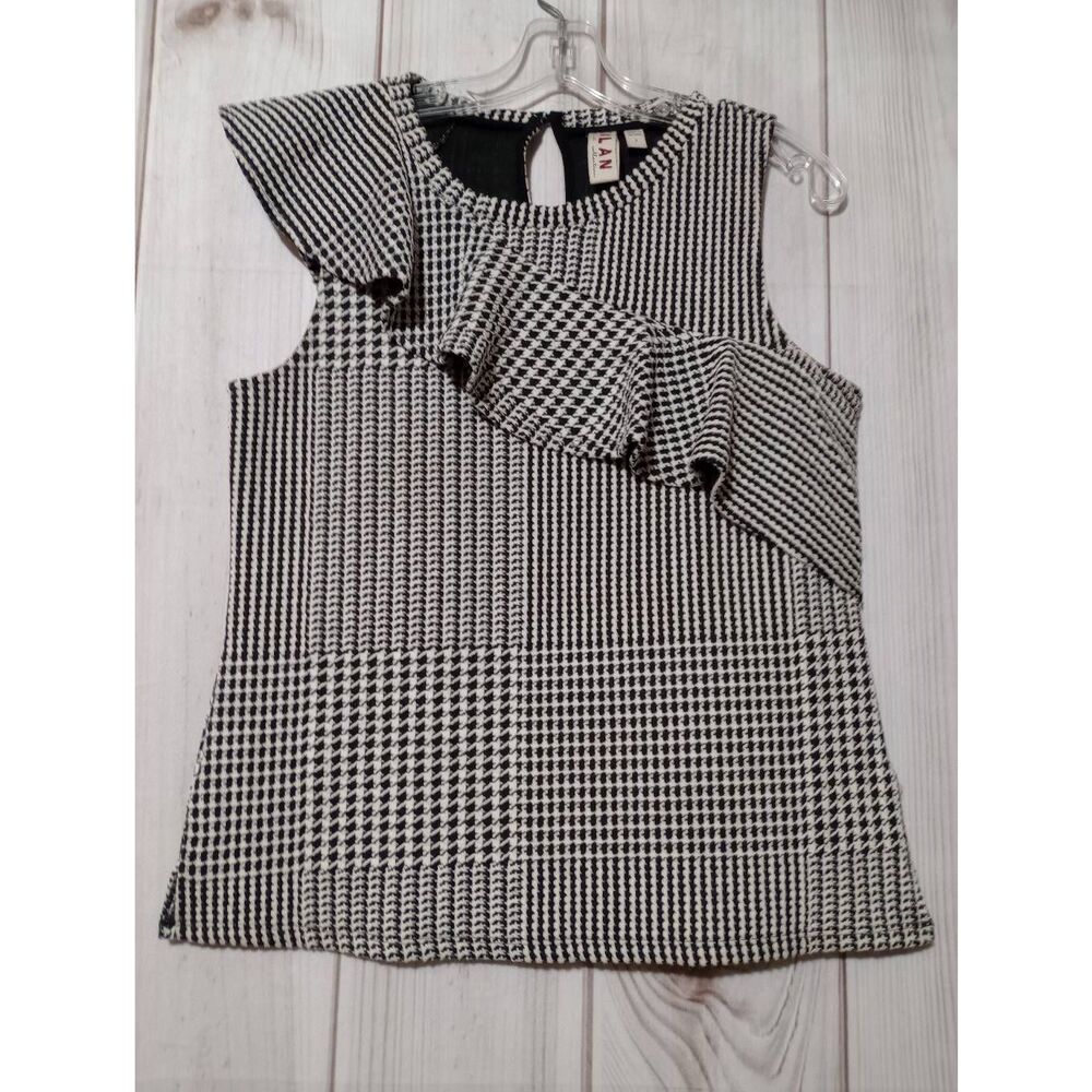 Dolan Anthropologie Left Coast Houndstooth Ruffle Top Black‎ White Sleeveless S